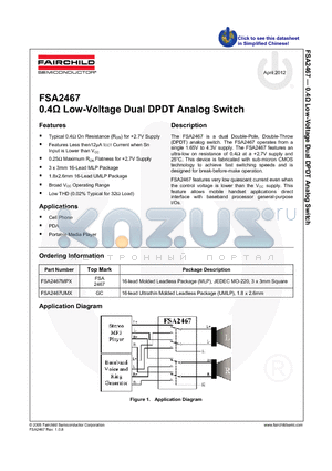 FSA2467UMX_12 datasheet - 0.4Y Low-Voltage Dual DPDT Analog Switch