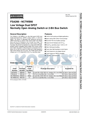 FSA266K8X datasheet - Low Voltage Dual SPST Normally Open Analog Switch or 2-Bit Bus Switch