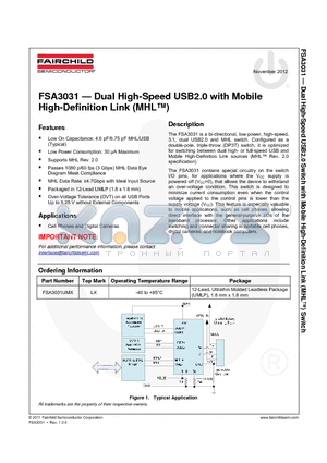 FSA3031UMX datasheet - Dual High-Speed USB2.0 with Mobile High-Definition Link (MHL)