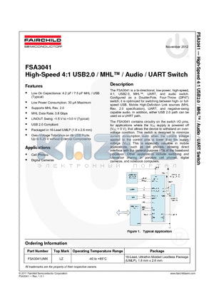 FSA3041UMX datasheet - High-Speed 4:1 USB2.0 / MHL / Audio / UART Switch