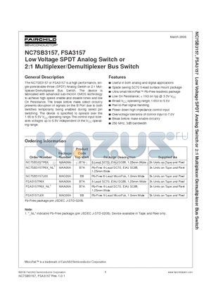 FSA3157 datasheet - TinyLogic. Low Voltage UHS Analog Switch 2-Channel Multiplexer/Demultiplexer