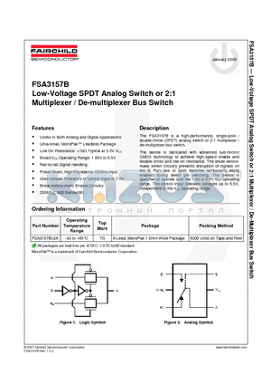 FSA3157B datasheet - Low-Voltage SPDT Analog Switch or 2:1 Multiplexer / De-multiplexer Bus Switch