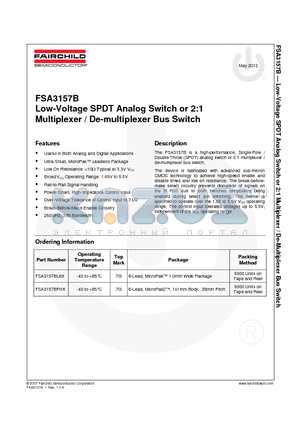 FSA3157BL6X_12 datasheet - Low-Voltage SPDT Analog Switch or 2:1 Multiplexer / De-multiplexer Bus Switch
