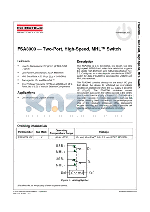 FSA3000L10X datasheet - Two-Port, High-Speed, MHL Switch