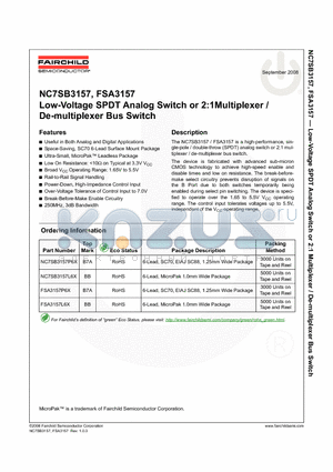 FSA3157P6X datasheet - Low-Voltage SPDT Analog Switch or 2:1Multiplexer / De-multiplexer Bus Switch