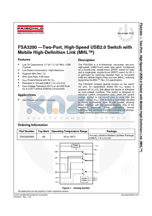 FSA3200 datasheet - Two-Port, High-Speed USB2.0 Switch with Mobile High-Definition Link (MHL)
