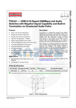 FSA321 datasheet - USB2.0 Hi-Speed (480Mbps) and Audio Switches with Negative Signal Capability and Built-in Termination on Unselected Audio Paths