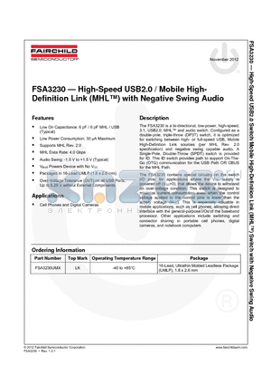FSA3230 datasheet - High-Speed USB2.0 / Mobile High- Definition Link (MHL) with Negative Swing Audio