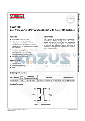 FSA4159 datasheet - Low-Voltage, 1Y SPDT Analog Switch with Power-Off Isolation