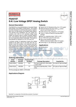 FSA5157L6X datasheet - 0.4Y Low Voltage SPDT Analog Switch