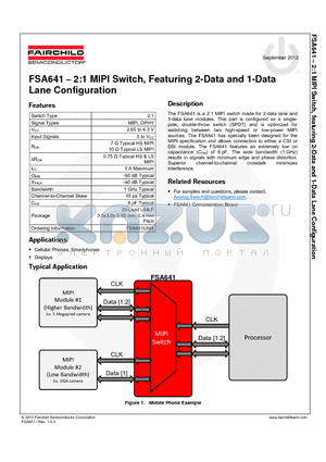 FSA641 datasheet - 2:1 MIPI Switch, Featuring 2-Data and 1-Data Lane Configuration