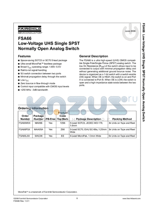 FSA66L6X datasheet - Low-Voltage UHS Single SPST Normally Open Analog Switch