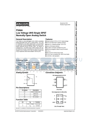 FSA66 datasheet - Low Voltage UHS Single SPST Normally Open Analog Switch