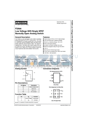 FSA66L6X datasheet - Low Voltage UHS Single SPST Normally Open Analog Switch