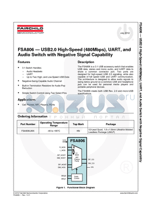 FSA806UMX datasheet - USB2.0 High-Speed (480Mbps), UART, and Audio Switch with Negative Signal Capability