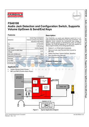 FSA8108 datasheet - Audio Jack Detection and Configuration Switch, Supports Volume Up/Down & Send/End Keys