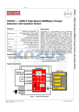 FSA831L10X datasheet - USB2.0 High-Speed (480Mbps) Charger Detection with Isolation Switch