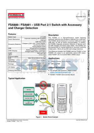 FSA881 datasheet - USB Port 2:1 Switch with Accessory and Charger Detection