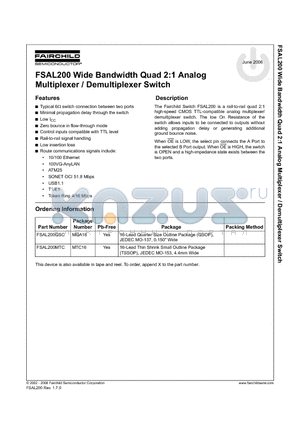 FSAL200 datasheet - Wide Bandwidth Quad 2:1 Analog Multiplexer / Demultiplexer Switch