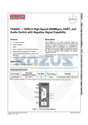 FSA805 datasheet - USB2.0 High-Speed (480Mbps), UART, and Audio Switch with Negative Signal Capability