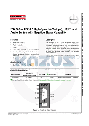 FSA805UMX datasheet - USB2.0 High-Speed (480Mbps), UART, and Audio Switch with Negative Signal Capability