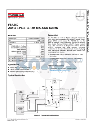 FSA850UCX datasheet - Audio 3-Pole / 4-Pole MIC-GND Switch