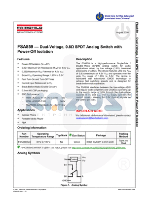 FSA859 datasheet - Dual-Voltage, 0.8Y SPDT Analog Switch with Power-Off Isolation