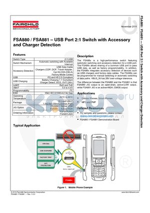 FSA880 datasheet - USB Port 2:1 Switch with Accessory and Charger Detection