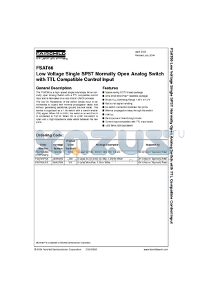 FSAT66 datasheet - Low Voltage Single SPST Normally Open Analog Switch with TTL Compatible Control Input