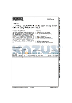 FSAT66M5X datasheet - Low Voltage Single SPST Normally Open Analog Switch with TTL Compatible Control Input