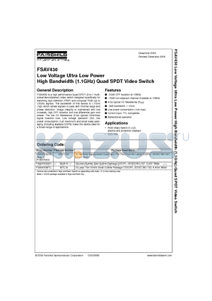 FSAV430BQX datasheet - Low Voltage Ultra Low Power High Bandwidth (1.1GHz) Quad SPDT Video Switch