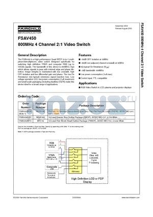 FSAV450BQX datasheet - 800MHz 4 Channel 2:1 Video Switch