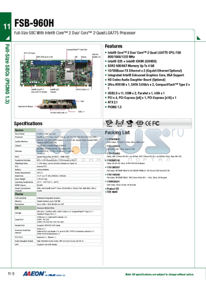FSB-960H datasheet - Full-Size SBC With Intel Core 2 Duo/ Core 2 Quad LGA775 Processor