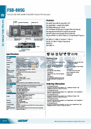 FSB-865G datasheet - Full-Size SBC With Intel Pentium 4 Socket 478 Processor