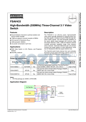 FSAV433BQX datasheet - High-Bandwidth (550MHz) Three-Channel 3:1 Video Switch