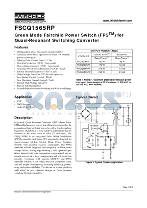 FSCQ1565RP datasheet - Green Mode Fairchild Power Switch (FPS) for Quasi-Resonant Switching Converter