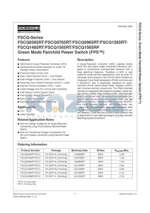 FSCQ1565RPVDTU datasheet - Green Mode Fairchild Power Switch (FPS TM)