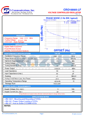 CRO1689A-LF datasheet - VOLTAGE CONTROLLED OSCILLATOR