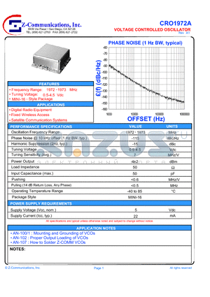 CRO1972A datasheet - LOW COST - HIGH PERFORMANCE VOLTAGE CONTROLLED OSCILLATOR