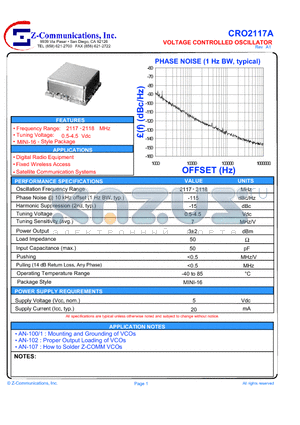 CRO2117A datasheet - LOW COST - HIGH PERFORMANCE VOLTAGE CONTROLLED OSCILLATOR