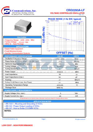 CRO2293A-LF datasheet - VOLTAGE CONTROLLED OSCILLATOR