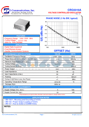 CRO2310A datasheet - LOW COST - HIGH PERFORMANCE VOLTAGE CONTROLLED OSCILLATOR