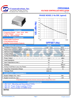 CRO2390A datasheet - LOW COST - HIGH PERFORMANCE VOLTAGE CONTROLLED OSCILLATOR