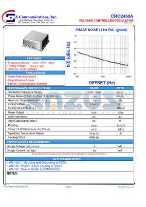 CRO2450A datasheet - LOW COST - HIGH PERFORMANCE VOLTAGE CONTROLLED OSCILLATOR