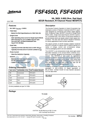FSF450R3 datasheet - 9A, 500V, 0.600 Ohm, Rad Hard, SEGR Resistant, N-Channel Power MOSFETs