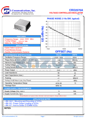 CRO2570A datasheet - LOW COST - HIGH PERFORMANCE VOLTAGE CONTROLLED OSCILLATOR