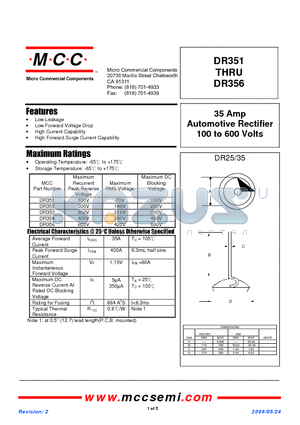 DR351 datasheet - 35 Amp Automotive Rectifier 100 to 600 Volts