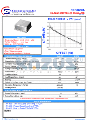 CRO2600A datasheet - LOW COST - HIGH PERFORMANCE VOLTAGE CONTROLLED OSCILLATOR