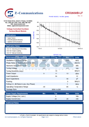 CRO2650B-LF datasheet - Voltage-Controlled Oscillator Surface Mount Module