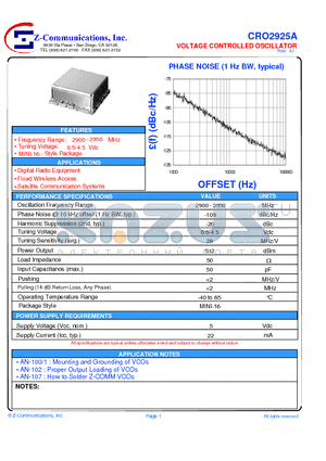 CRO2925A datasheet - LOW COST - HIGH PERFORMANCE VOLTAGE CONTROLLED OSCILLATOR